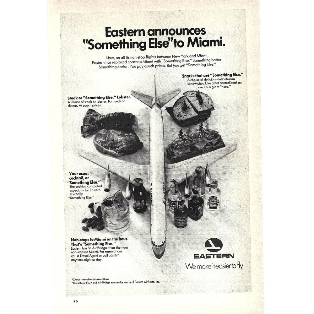 Eastern Airlines To Miami Lobster Snacks AD 1960s Vintage Print Ad 9 inch